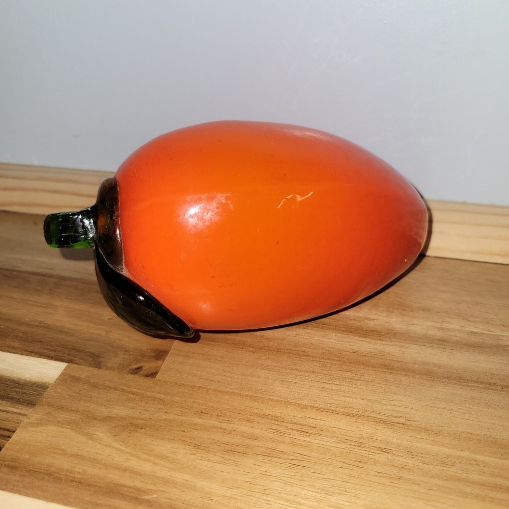 Murano Style Glass Orange Colored Mango with Green Leaf and Stem 6" Long Vtg